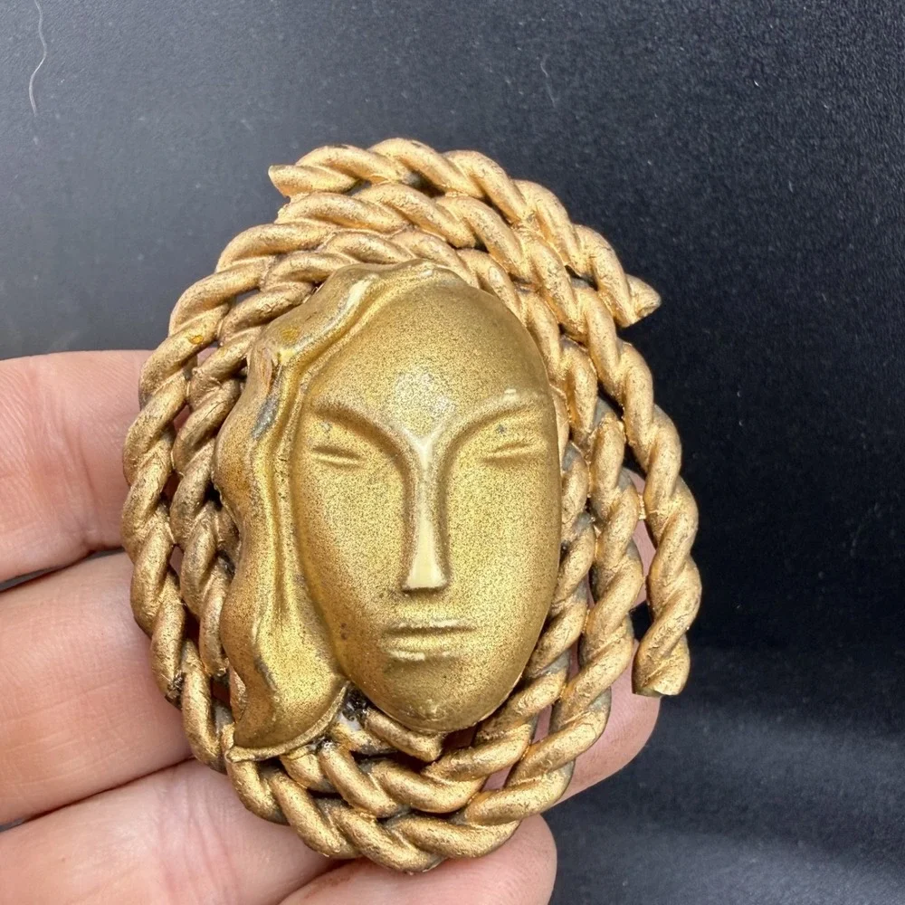 Vintage Estate Mask Brooch Gold Tone Face Rope Border Lightweight